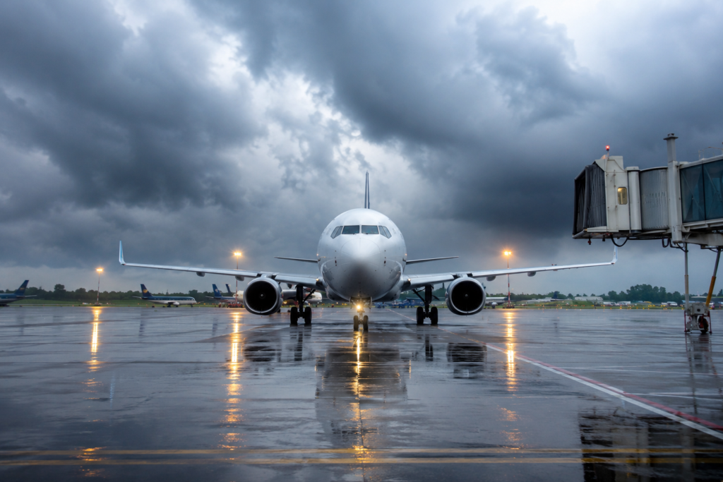Passenger aircraft parked at airport during bad weather conditions after flight diversion to Chandigarh
