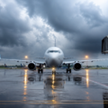 Passenger aircraft parked at airport during bad weather conditions after flight diversion to Chandigarh