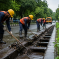 Workers cleaning storm drains in Chandigarh as part of monsoon preparation and rain management efforts