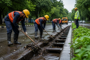 Workers cleaning storm drains in Chandigarh as part of monsoon preparation and rain management efforts