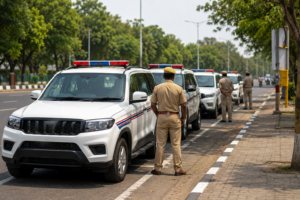 Chandigarh Police PCR vehicles parked at a city junction for faster emergency response services
