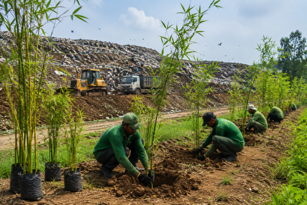 Dadu Majra Dumping Ground Green Makeover with Bamboo Plantation Bamboo plants growing near a dumping ground area as part of Chandigarh’s green transformation project