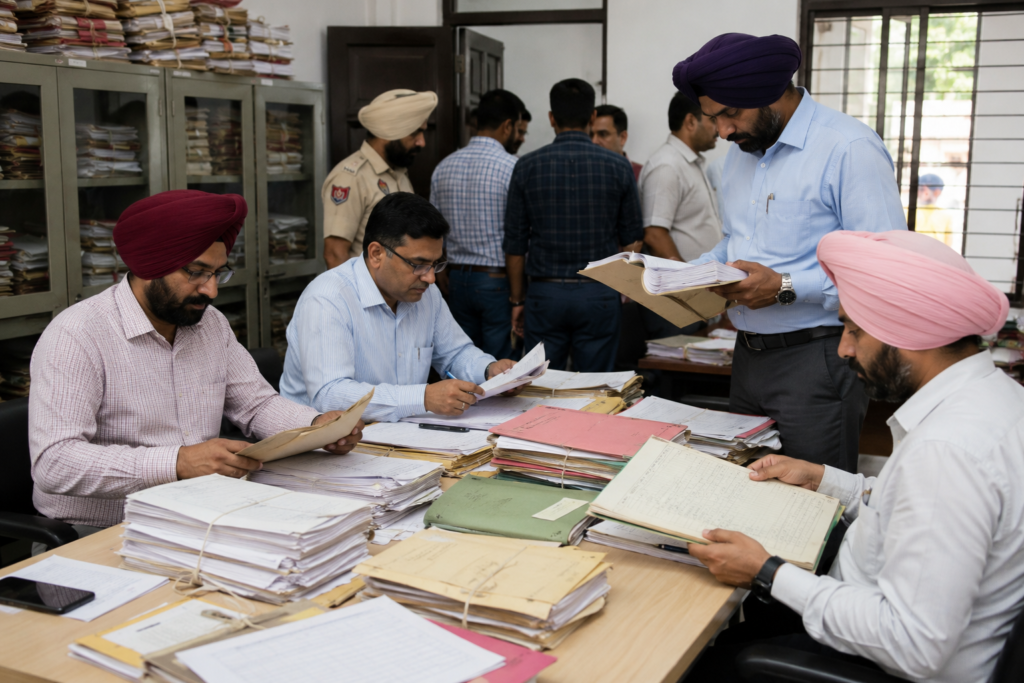 Officials examine financial documents, tenders, and project records related to civic development works carried out over the past few years.