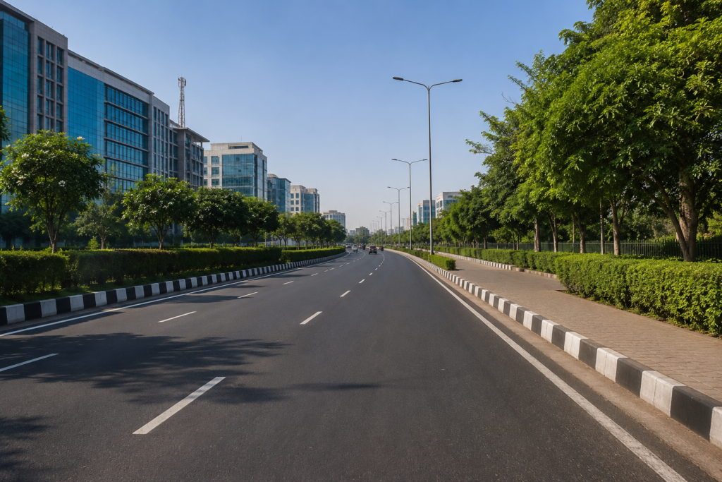 Gurugram Sector 51-52 Service Road Upgrade Gurugram Sector 51-52 service road upgrade project showing a modern urban road with greenery and improved infrastructure