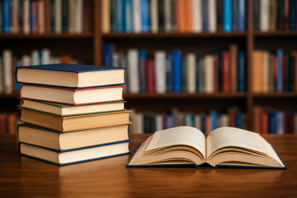 Stack of books and open book in a library representing Haryana college book procurement news