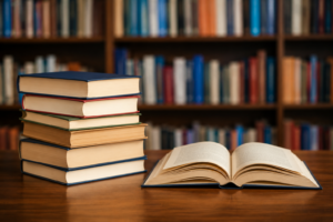 Stack of books and open book in a library representing Haryana college book procurement news