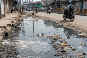 Overflowing sewage water on a city road showing sanitation problems in Rohtak