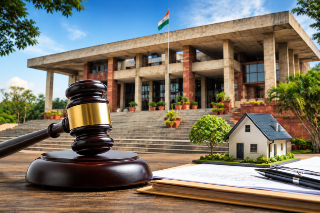High Court Order on Haryana Plot Allotment Dispute High Court building with legal gavel and house model representing Haryana plot allotment case