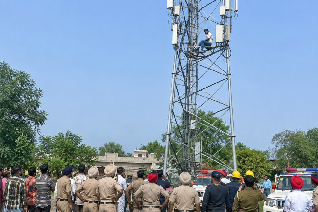 Young Man Climbs Mobile Tower Over Dispute With Wife and In-Laws in Punjab Police and local officials launch a rescue operation after the distressed youth alleges harassment and seeks action on his family-related grievances.