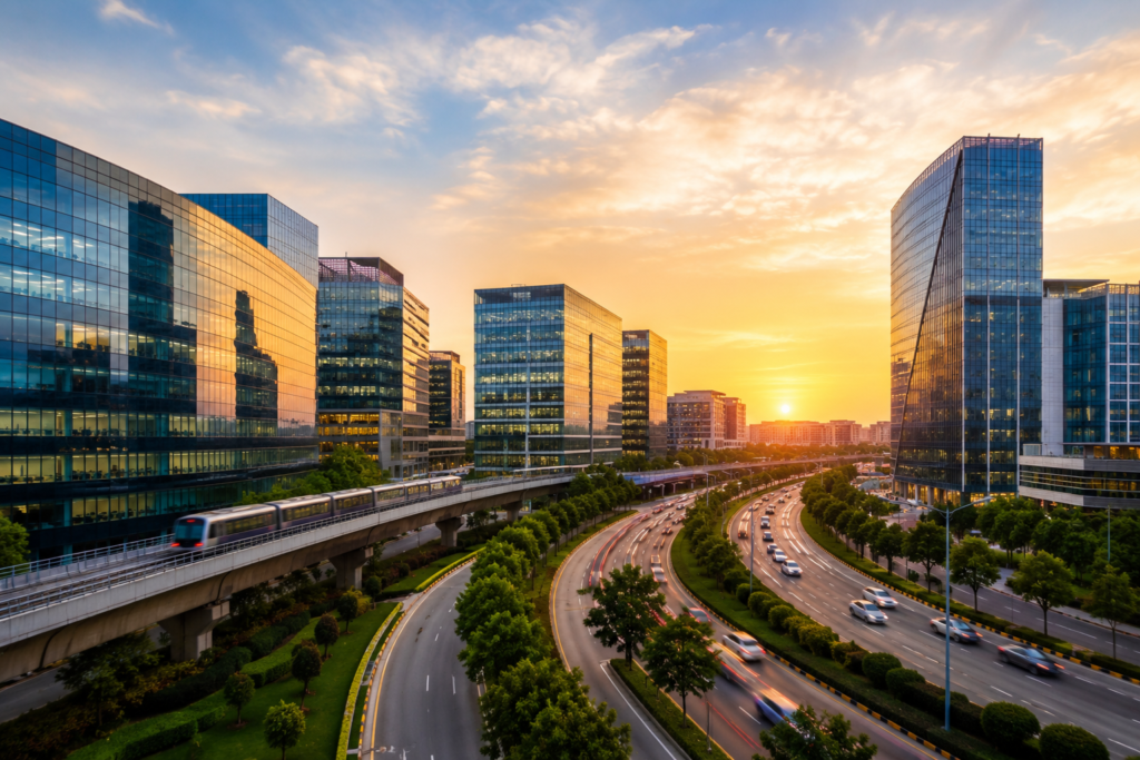 Gurugram Emerging as a Global Business Hub Modern corporate cityscape with glass office buildings representing Gurugram Global Capability Centres growth