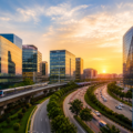 Modern corporate cityscape with glass office buildings representing Gurugram Global Capability Centres growth