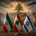 Iranian and Lebanese flags with diplomats discussing Middle East peace talks amid rising tensions near the Lebanon-Israel border