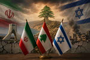 Iranian and Lebanese flags with diplomats discussing Middle East peace talks amid rising tensions near the Lebanon-Israel border