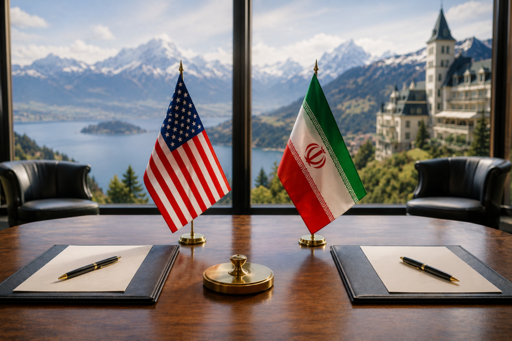 US Iran Peace Memorandum Signing Talks in Switzerland US and Iran flags placed on a diplomatic conference table symbolizing peace negotiations in Switzerland