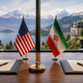 US and Iran flags placed on a diplomatic conference table symbolizing peace negotiations in Switzerland