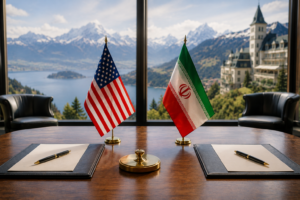 US and Iran flags placed on a diplomatic conference table symbolizing peace negotiations in Switzerland