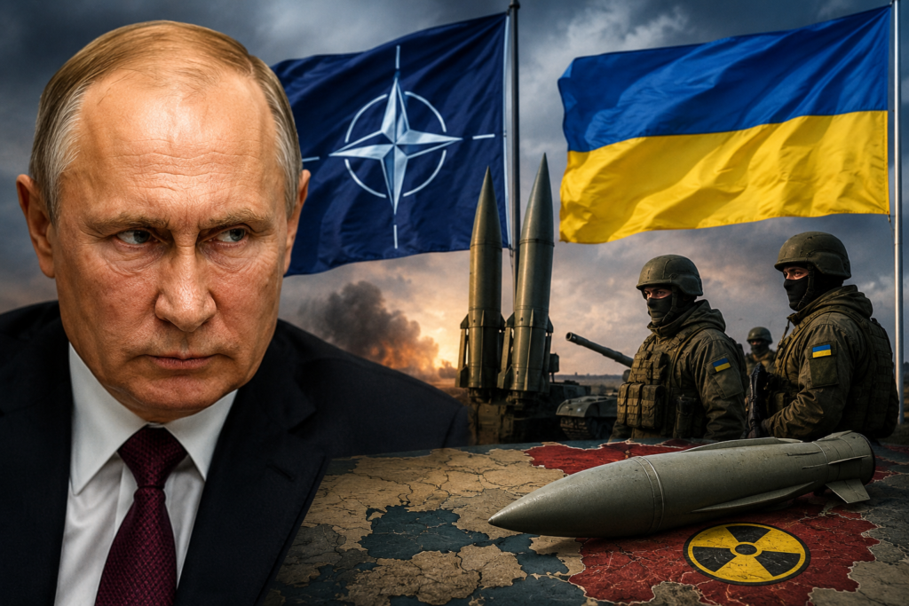 Russia NATO Ukraine Tensions Amid War Russia Ukraine war tensions with NATO and Ukraine flags, military equipment, and geopolitical conflict imagery