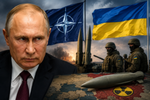 Russia Ukraine war tensions with NATO and Ukraine flags, military equipment, and geopolitical conflict imagery