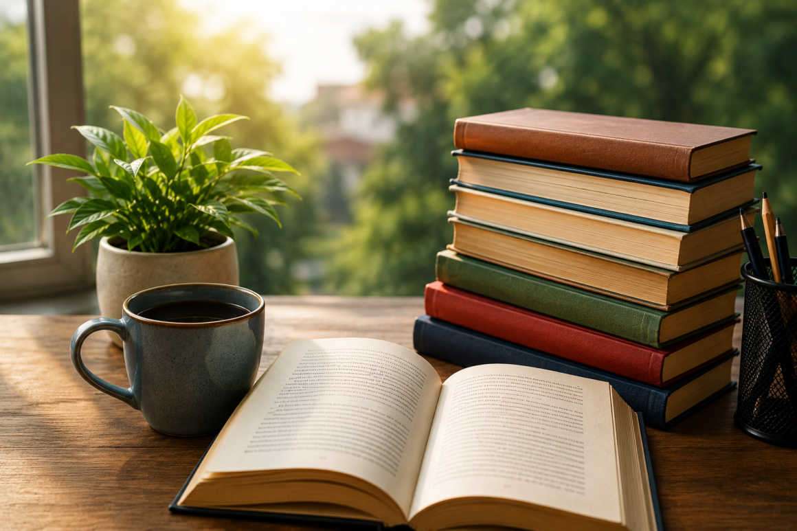 How to Start Reading Books and Build a Reading Habit "A peaceful reading corner with an open book, a stack of books, and a cup of coffee on a wooden desk near a sunlit window, representing the habit of reading and lifelong learning."