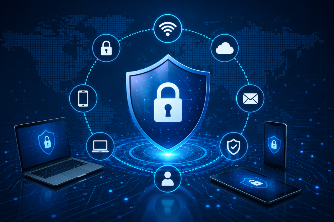 **Alt Text:** *A futuristic cybersecurity illustration featuring a glowing digital shield with a padlock at the center, surrounded by connected icons representing secure passwords, cloud security, email protection, Wi-Fi, user authentication, laptops, tablets, and smartphones. A world map and illuminated circuit patterns in the background symbolize global digital security and cyber threat protection. The image uses a modern blue color palette and contains no text. *