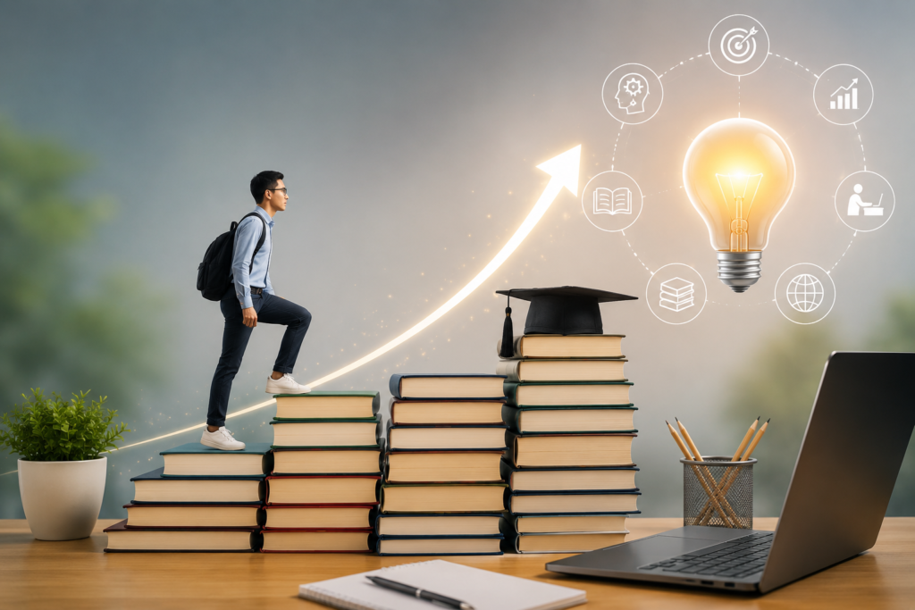 Professional climbing a staircase of books representing lifelong learning, continuous skill development, and career growth in the digital age.