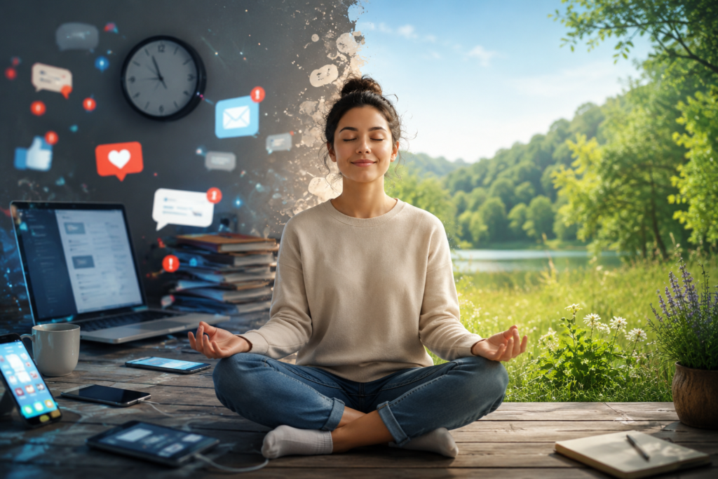 Person practicing a digital detox by disconnecting from digital devices and enjoying nature to improve mental health.