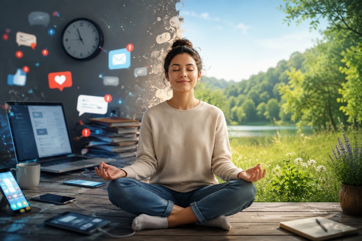 Person practicing a digital detox by disconnecting from digital devices and enjoying nature to improve mental health.