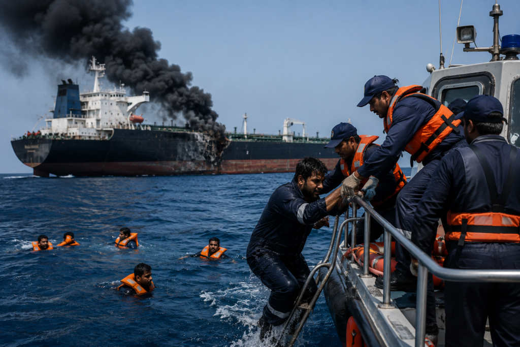 24 Indian Sailors Rescued After Missile Strike on Tanker Off Oman Coast
