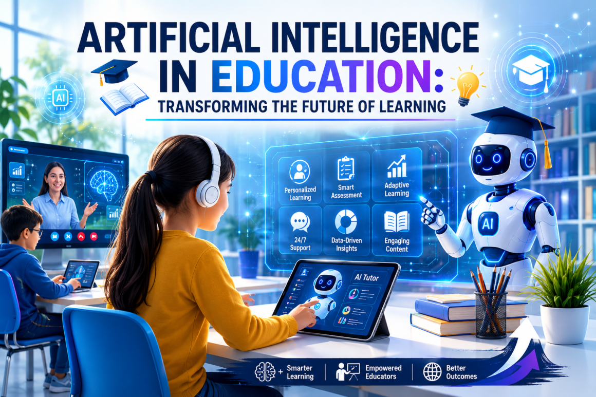 ChatGPT Image Jun 9, 2026, 04_41_32 PM Student using a tablet alongside an AI-powered robot tutor in a modern classroom, illustrating how artificial intelligence is transforming education through personalized learning, smart assessments, and enhanced student engagement.