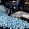 Fentanyl pills and narcotics displayed during a law enforcement operation targeting illegal drug trafficking networks