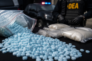 Fentanyl pills and narcotics displayed during a law enforcement operation targeting illegal drug trafficking networks