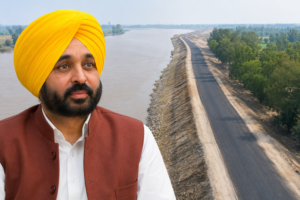 Punjab Chief Minister near a river embankment road project, representing the Dhussi Bandh Road development in Jalandhar.
