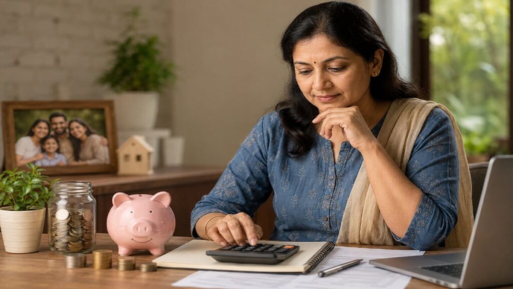 Financial Independence and Smart Money Management for Housewives Housewife calculating expenses and savings at home using a calculator, laptop, and piggy bank.