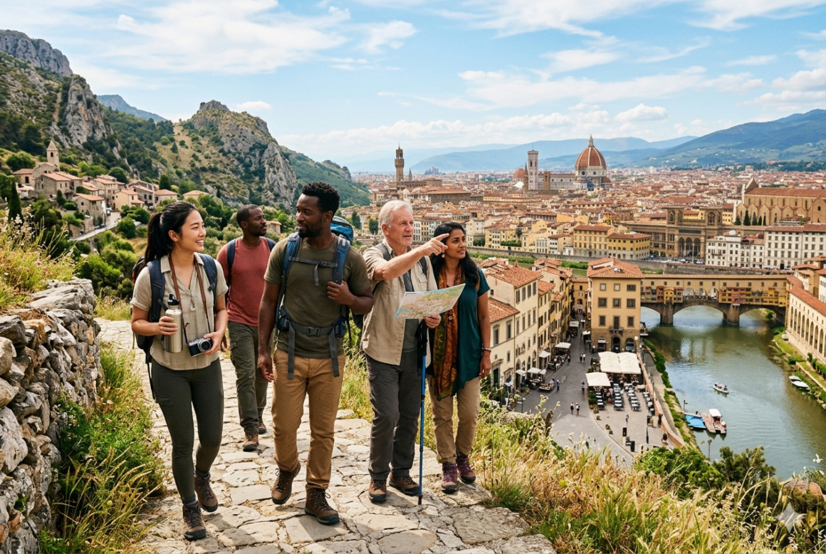 Traveler exploring a scenic destination with mountains, cultural landmarks, and natural landscapes representing the beauty of travel and tourism.
