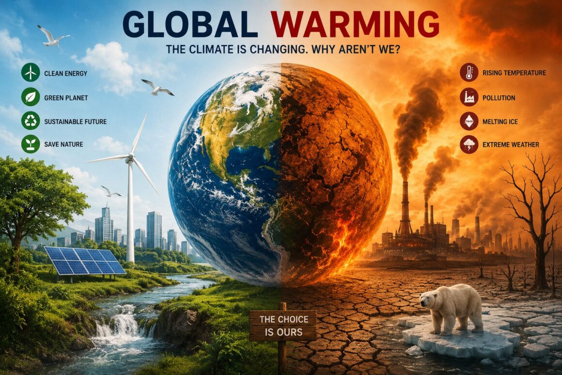 Global warming article explaining causes, effects and solutions of climate change.