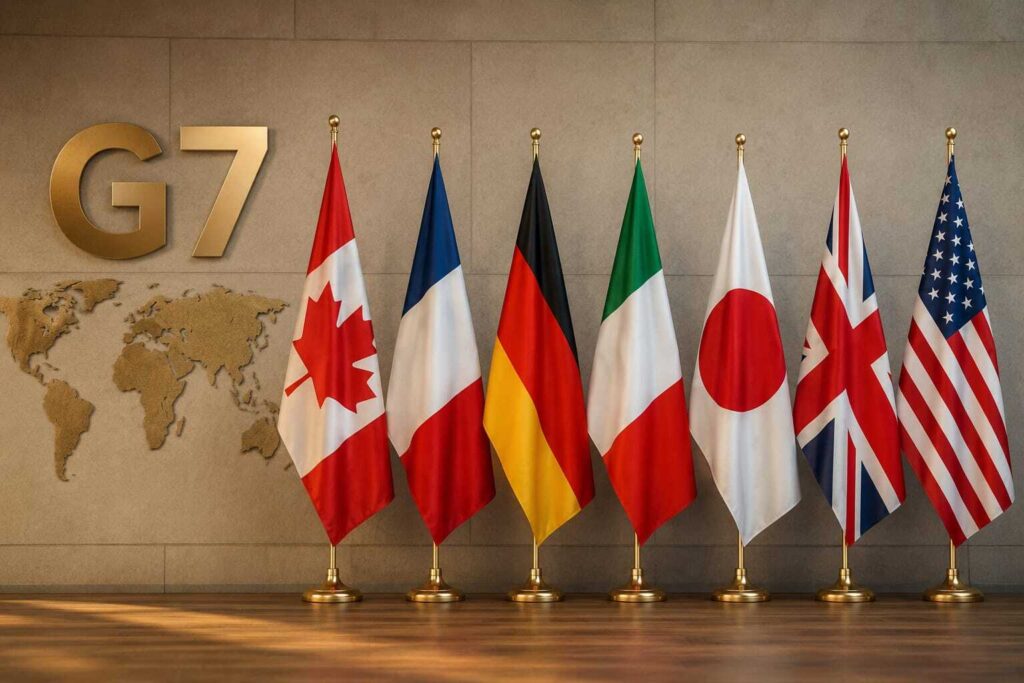 Flags of G7 member countries displayed beside a golden G7 logo and world map, representing global diplomacy, international cooperation, and the evolving multipolar world order.