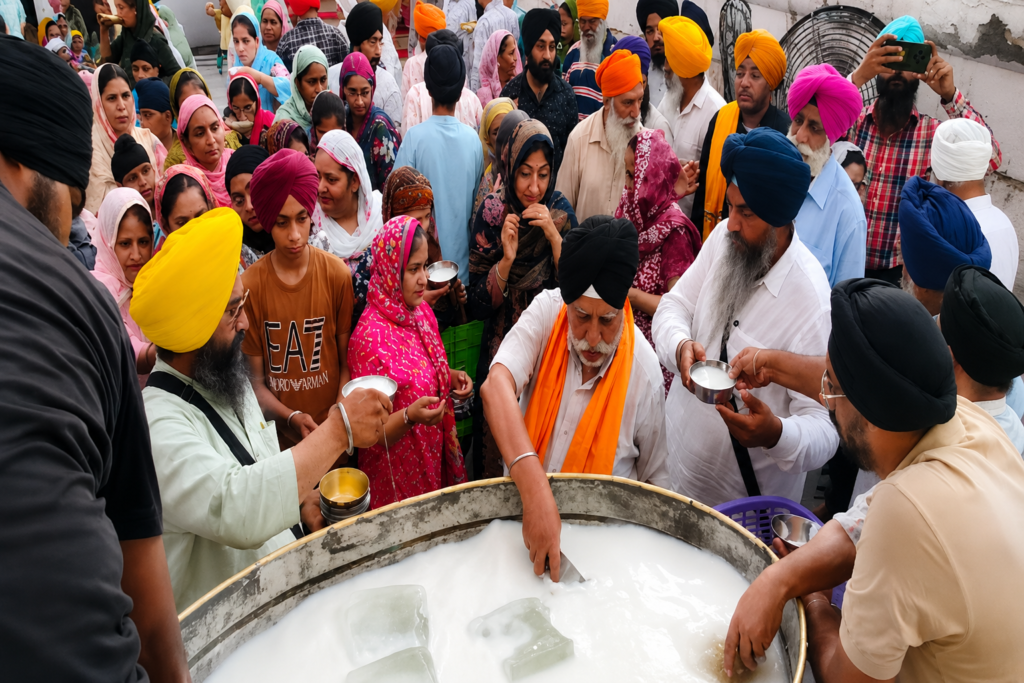 Guru Arjan Dev Ji Shaheedi Diwas Celebrated with Chabeel Seva Sikh devotees participating in Chabeel Seva and distributing sweetened cold water on the martyrdom day of Guru Arjan Dev Ji.