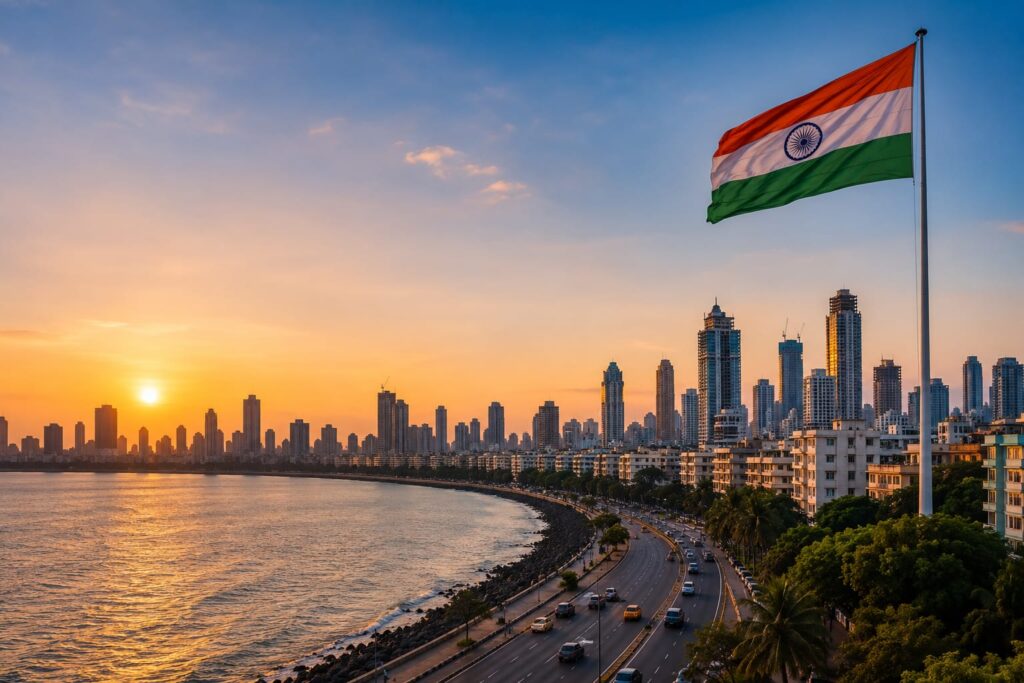 Modern Indian city skyline at sunset with a large Indian flag overlooking a coastal highway, representing economic growth, infrastructure development, and India's future ambitions.