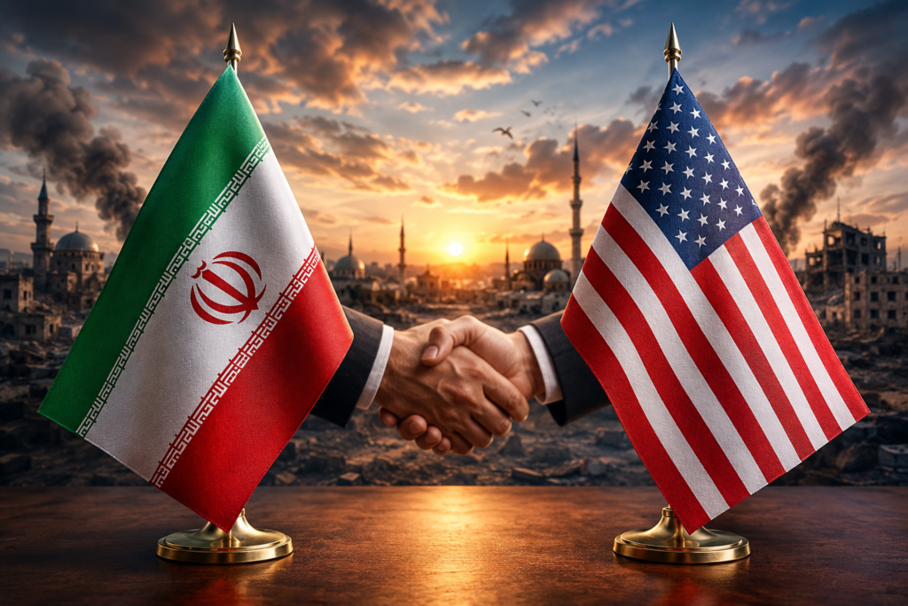 Iran and U.S. flags with diplomatic handshake symbolizing peace talks and efforts to end the West Asia conflict