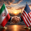 Iran and U.S. flags with diplomatic handshake symbolizing peace talks and efforts to end the West Asia conflict