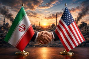 Iran and U.S. flags with diplomatic handshake symbolizing peace talks and efforts to end the West Asia conflict