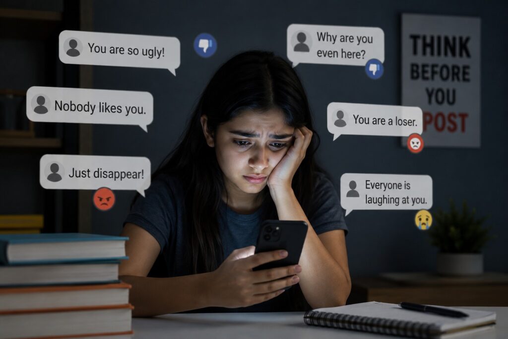 The Dark Side of Social Media Distressed young woman checking her phone while facing cyberbullying messages online, illustrating the dangers of social media, online harassment, and digital safety concerns.