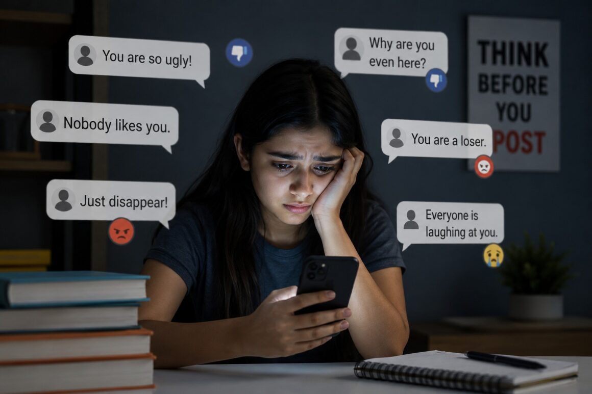 Distressed young woman checking her phone while facing cyberbullying messages online, illustrating the dangers of social media, online harassment, and digital safety concerns.