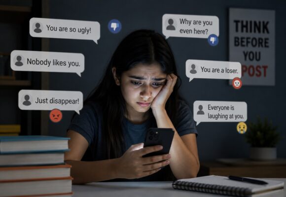 Distressed young woman checking her phone while facing cyberbullying messages online, illustrating the dangers of social media, online harassment, and digital safety concerns.