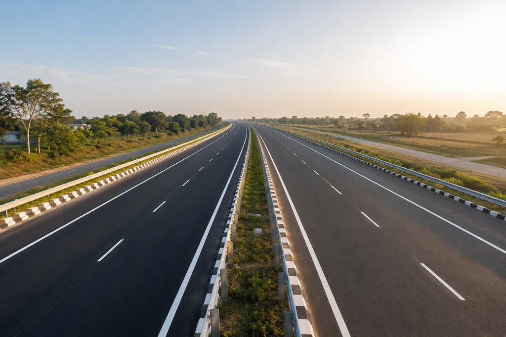 Newly constructed multi-lane highway stretching through open countryside, representing improved road connectivity and faster travel between cities.