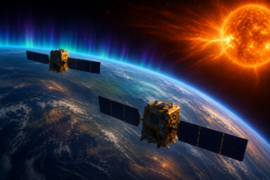 NASA DAPHNE mission satellites orbit Earth while monitoring atmospheric activity and space weather conditions.