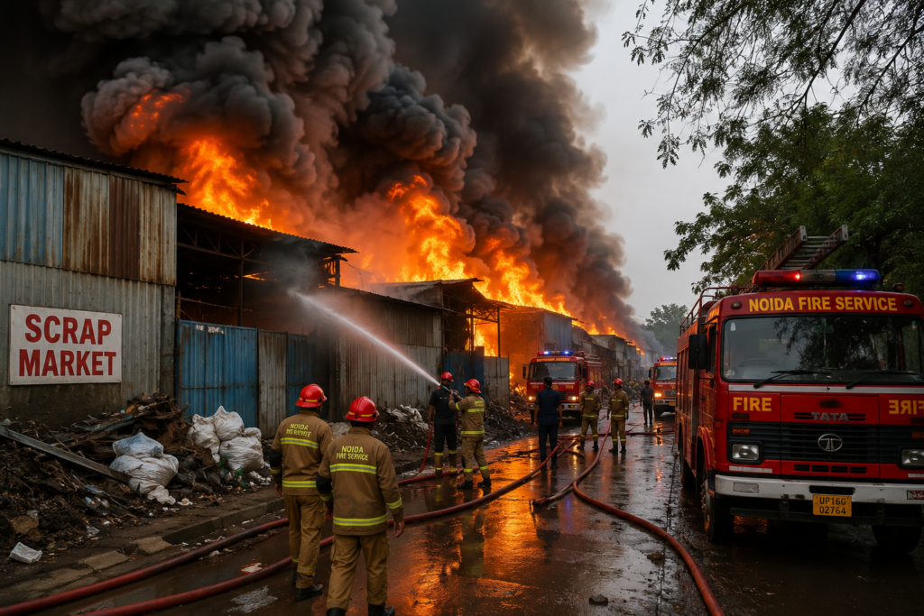 Massive Fire Erupts at Noida Scrap Market, Firefighters Launch Emergency Operation