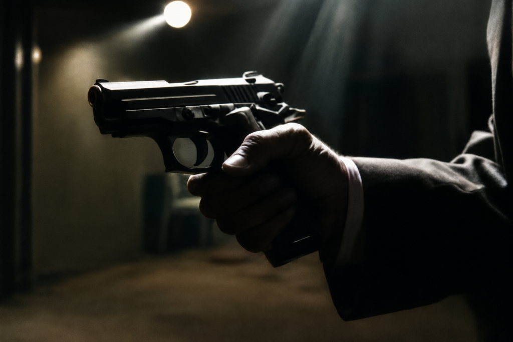 A handgun held by a person in a dark environment, highlighting a tense crime-related scene with dramatic lighting.
