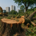 Freshly cut tree stumps and fallen logs lie near a development site as concerns grow over illegal tree felling and environmental degradation in Punjab.
