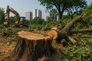 Freshly cut tree stumps and fallen logs lie near a development site as concerns grow over illegal tree felling and environmental degradation in Punjab.